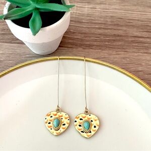 3/$22🩶 Gold Hammered Metal Heart Turquoise Stone Earrings Dangle Western NEW